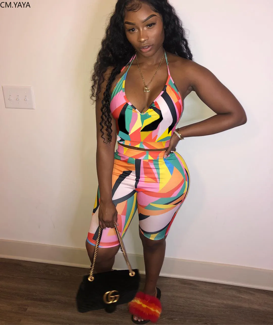 Женский спортивный костюм из двух предметов летний топ без рукавов с V-образным