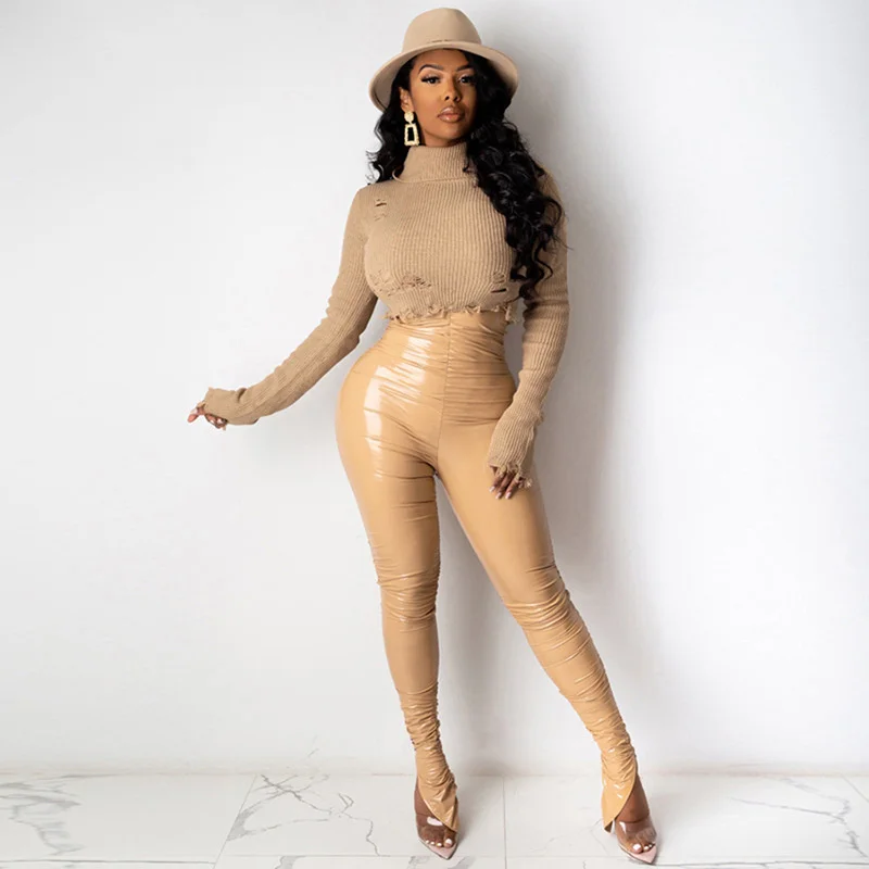 

WLLWLP 2021 Autumn New Solid Color Pleated Pencil Panst Fashion Street Personality Split Leather Trousers A760