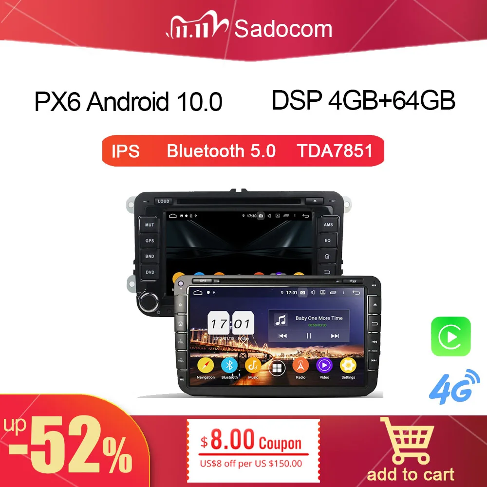 720P DSP PX6 Android 10 0 4G + 64GB 8 ядерный автомобильный dvd плеер GPS Авторадио wifi автомобильное