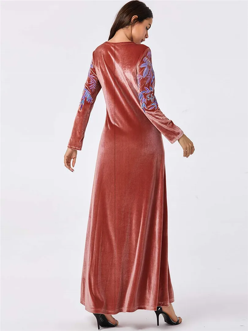 Solid Color Floral Embroidered Gold Velvet Dress Loose Large Size Simple Elegant Muslim Clothing Autumn Winter | Тематическая