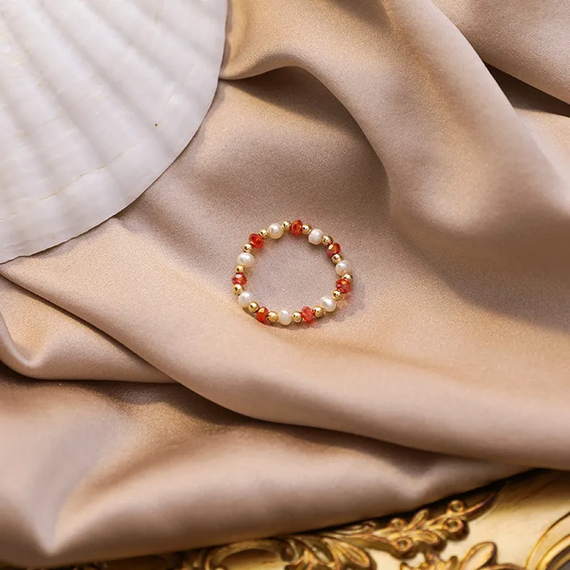 

Boho Handmade Natural Stone Freshwater Pearl Beads Rings For Women Multi Color Wedding Jewelry Crystal Adjustable Finger Ring