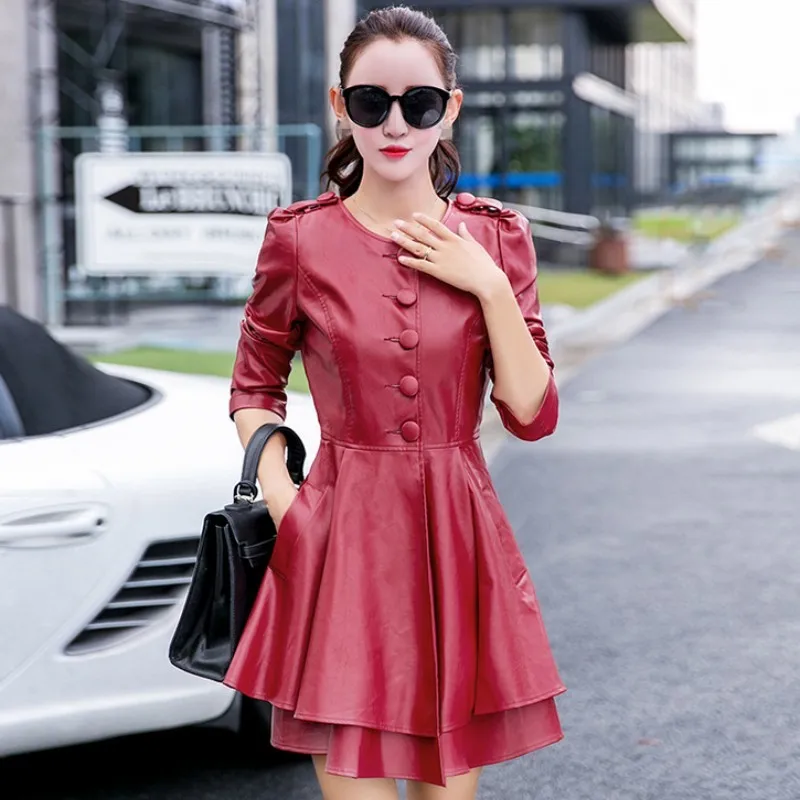 

Italy Design Ruffles Ladies Faux Leather Single Breasted Long Women Jacket Big Size XL-6XL Slim Fit Female Outerwear Coat