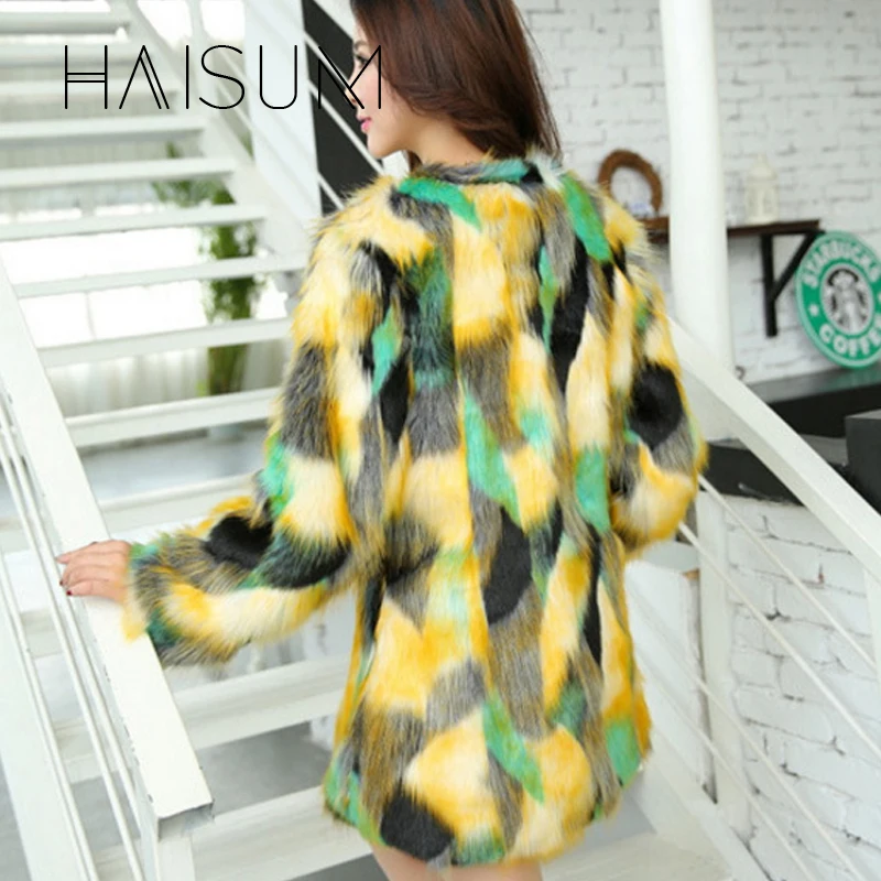 Женское пальто из искусственного меха зимнее теплое смешанных цветов лисьего с