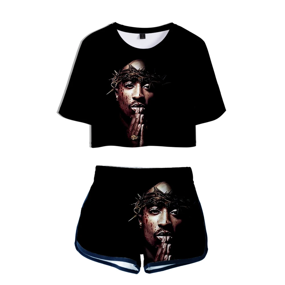 

Hip Hop Rapper 2pac Custom Tracksuit Women Two Piece Set Summer Short Sleeve Crop Top+Shorts Girls Casual Sexy Streetwear