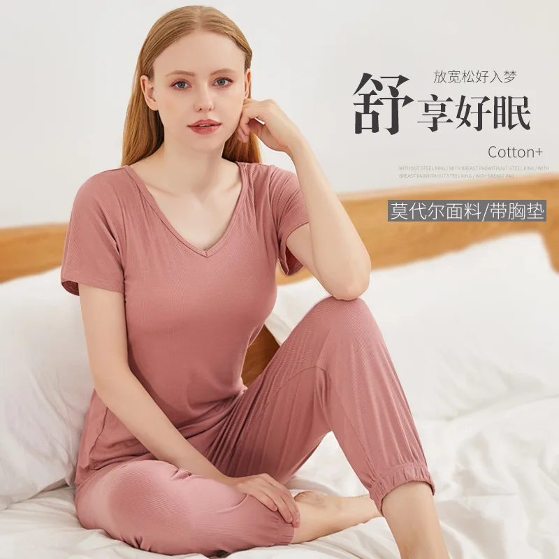 Spring Autumn New Women's Pajamas Sets Modal V-neck Short Sleeve Full Length with Bra 2Pcs Nightwear Loose Home Wear Sleepwear