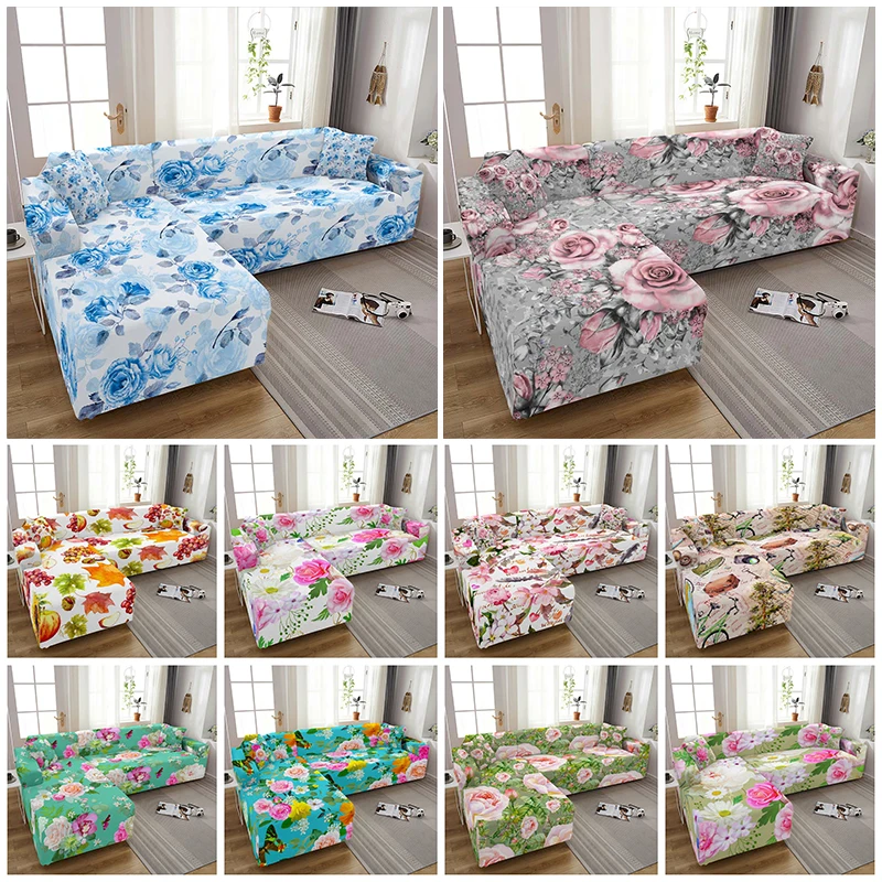 Pink Floral Printed Sofa Cover For Livingroom Corner Sofa Furniture Protector Multi-Sizes Couch Cover Elastic Slipcover 1-4-Seat