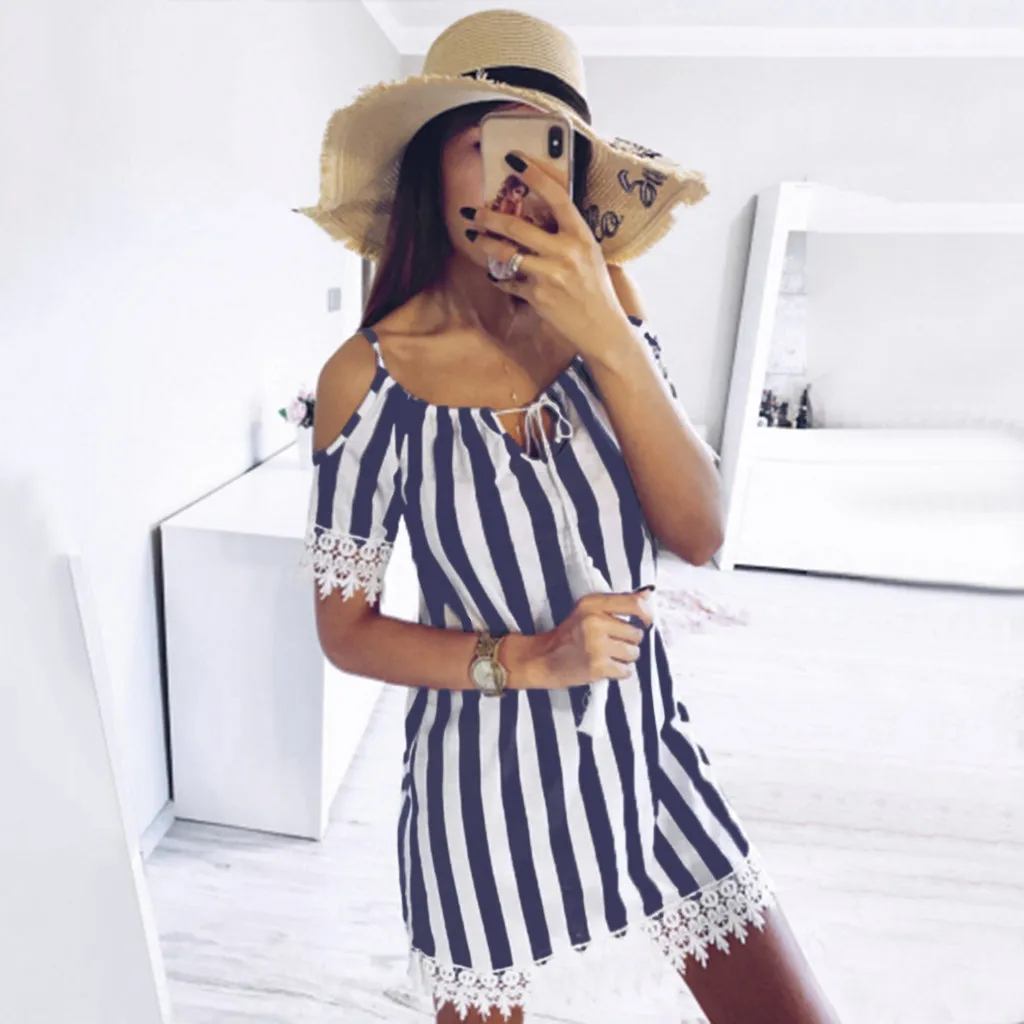 

Long Sleeve Shirt Dress 2019 Summer Chiffon Boho Beach Dresses Women Casual Striped Print A-line Mini Party Dress Vestidos Z701