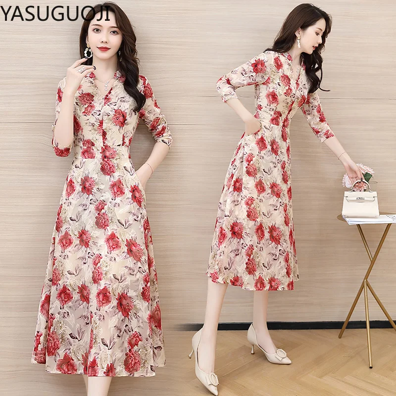 

YASUGUOJI Elegant print Women Chiffon Dress 2020 Spring Summer Fashion Bohemian Long Dress Sexy V-neck Beach Vestidos De
