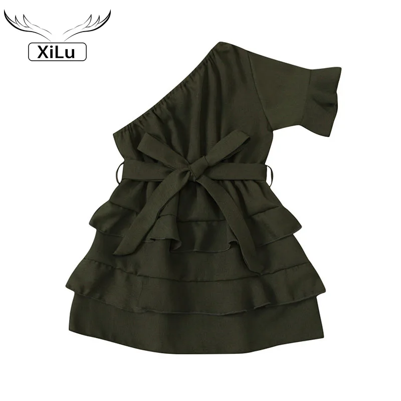 

Summer Solid Color Slanted Shoulder Waist Bow Stitching Multi-layer Skirt Hem Dress Cake Dress Korean Baby Clothes Girls Dress