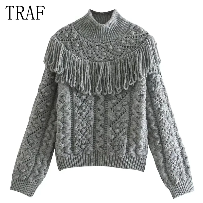 

TRAF Za Grey Knitted Sweater Women Cropped Turtleneck Pullover Sweaters Vintage Fringed Long Sleeve Jersey Woman Winter 2021