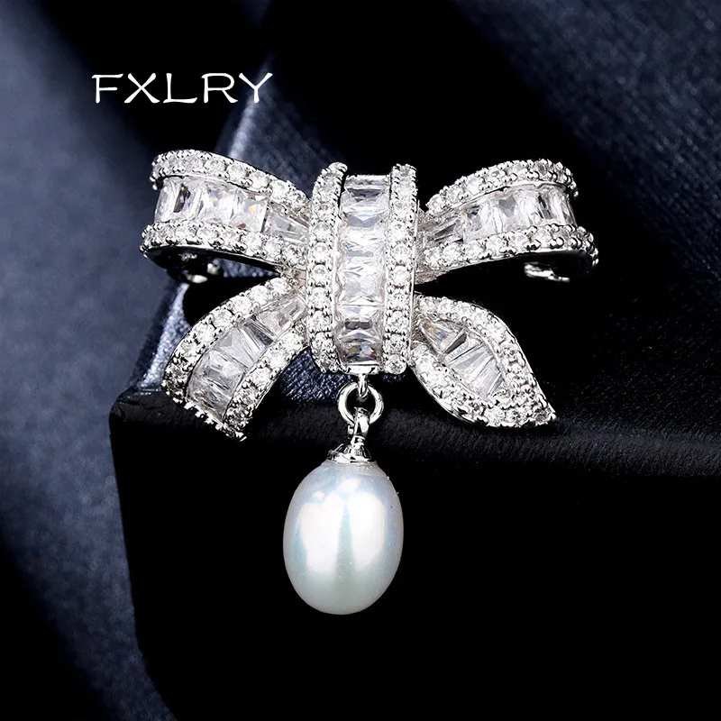 FXLRY New elegant bow freshwater pearl brooch micro-inlaid zircon pin fashion women coat | Украшения и аксессуары