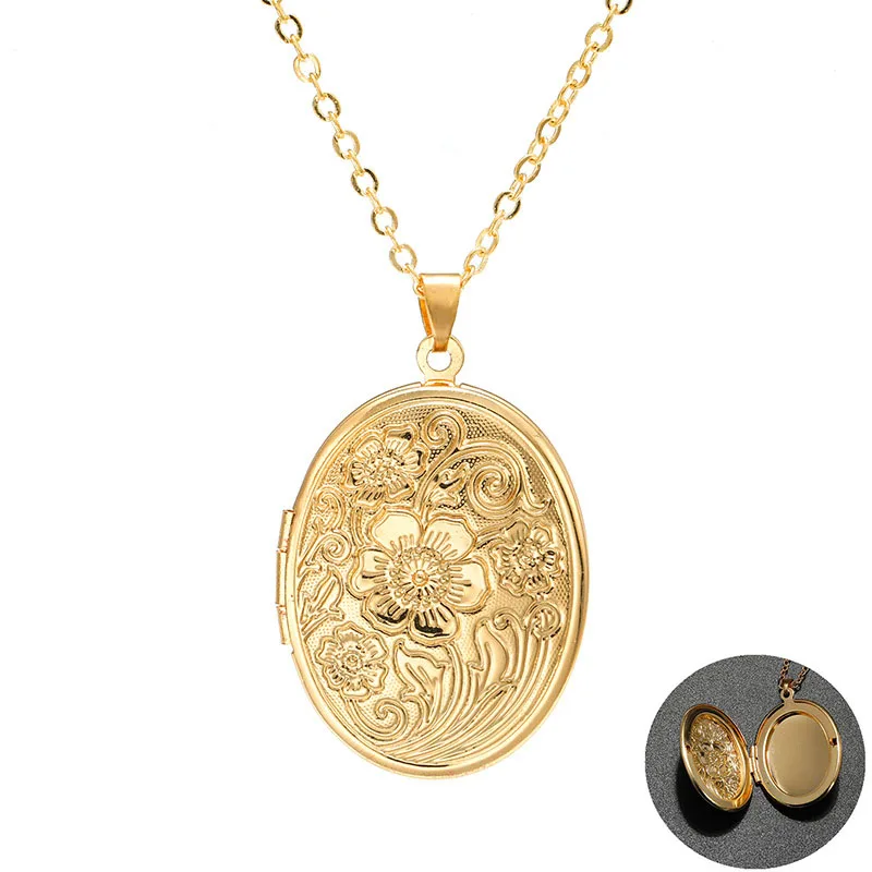 Ожерелье с кулоном и фоторамкой для женщин ожерелье из металла резными цветами в