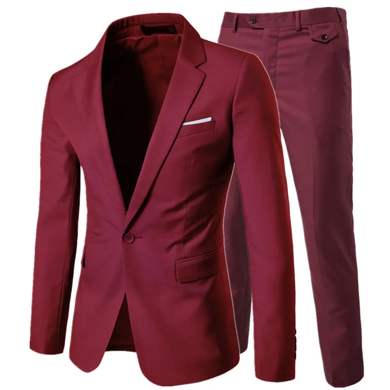 Burgundy 2-pcs set Куртка+ брюки+ жилет) Роскошные мужские повседневные Свадебные смокинги мужская одежда мужской тонкий костюм модные мужские деловые вечерние костюмы - Цвет: Burgundy 2-pcs set