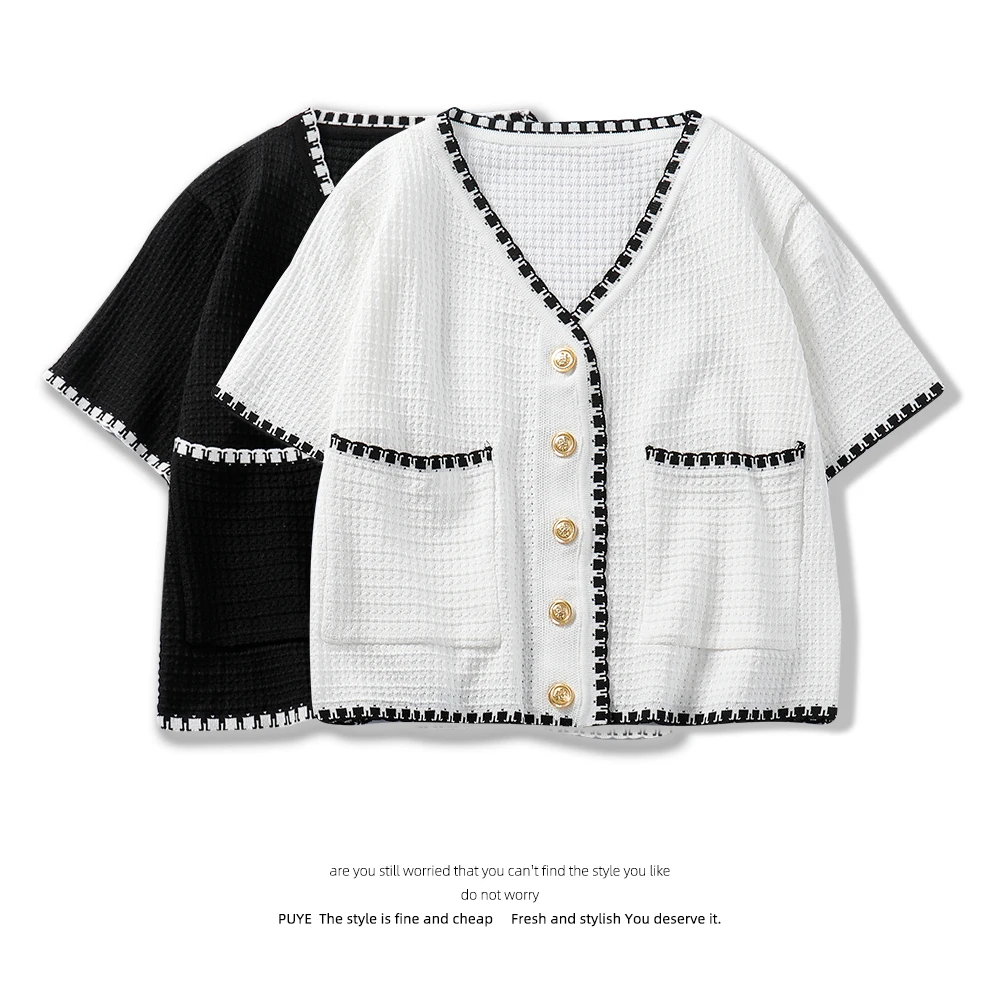 

Korean Style Chic Top Summer New Design Sense Breasted Woven V-neck Sweater Contrast Color Short Sleeve T-shirt Ins Fashion