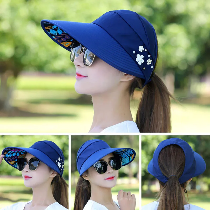 

Летние шляпы для женщин, складная Солнцезащитная шляпа, жемчужный цветок, козырек от солнца, Женская Повседневная Бейсболка для улицы