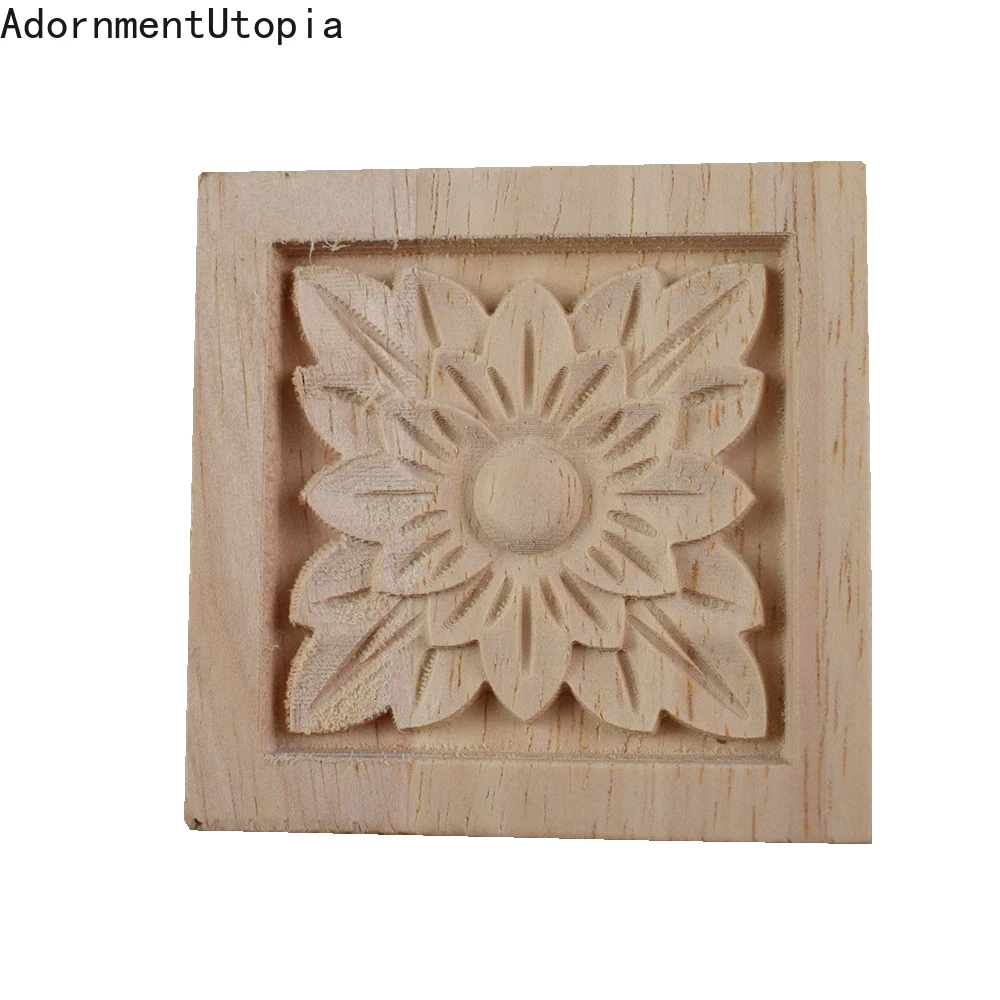 

Exquisite Classic Rubber Wood Carved Applique Furniture Natural Square Decal Home Decoration Accessories Ornaments 6/8/10/12cm