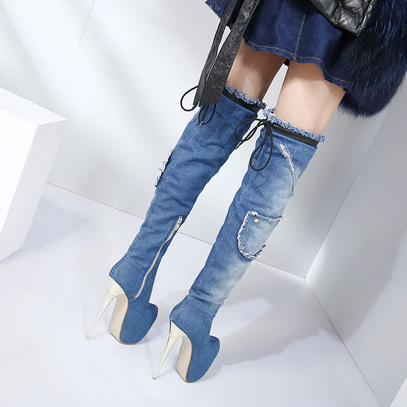 Bottines Femme/женская зимняя обувь; синие джинсовые сапоги выше колена; женские модные высокие сапоги; сапоги на платформе и каблуке 16 см; женские сапоги на высоком каблуке