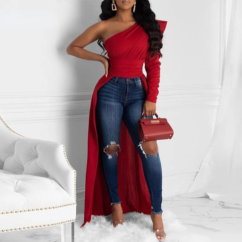 

Женский однотонный топ с одним плечом, облегающий Асимметричный топ с косым воротником, повседневный Топ с длинным рукавом, лето 2021