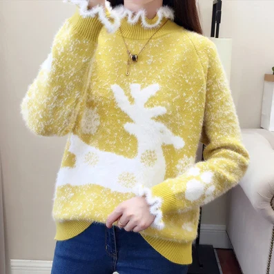 yellow sweater Уродливый Рождественский свитер с оленем, водолазка, кашемировый свитер для женщин, высокий ворот, пушистый мех, зимние свитера, Pull Femme - Цвет: yellow sweater