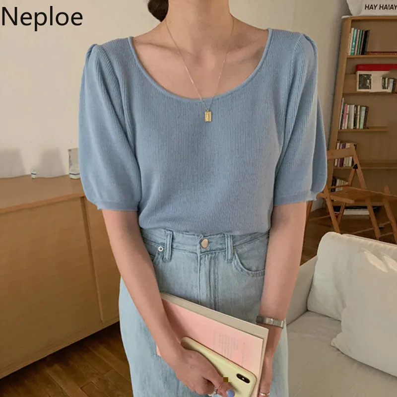 Футболка Neploe Женская трикотажная однотонный топ с круглым вырезом и коротким