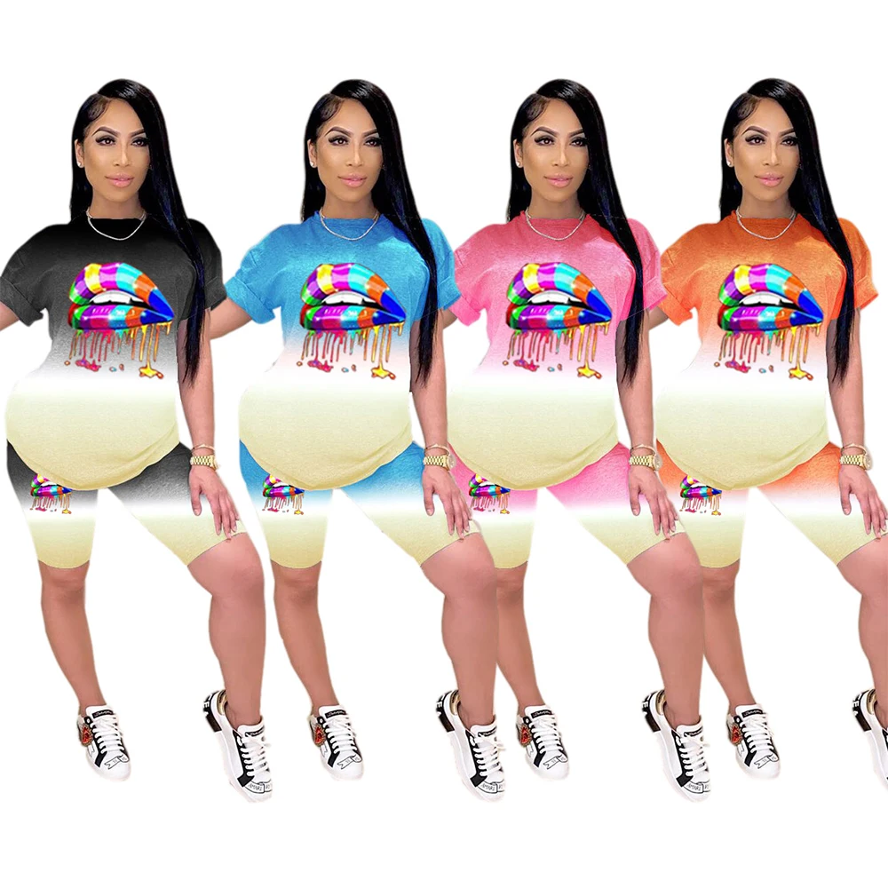 

Gradient Color Mouth Print Short Sleeve T-shirts and Workout Biker Shorts Activewear Two Piece Outfits Summer Slim Matching Suit