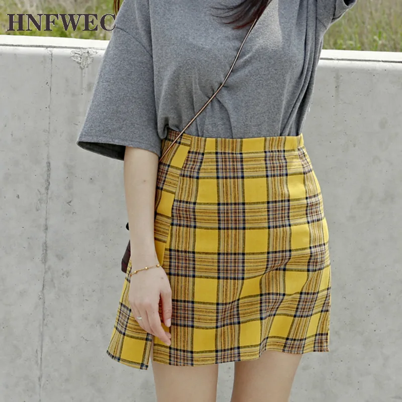 Новинка 2018 женская желтая клетчатая мини-юбка в английском стиле с разрезом