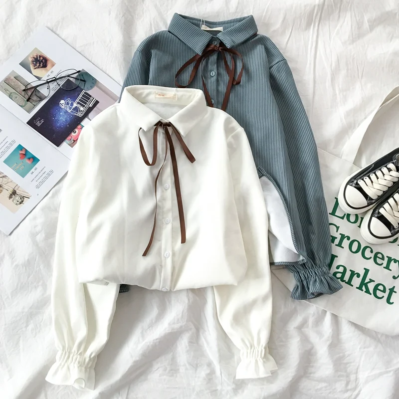 Женская блузка белого и голубого цвета с длинным рукавом лето-осень 2020