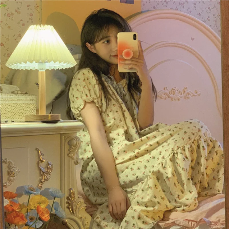 

Floral Print Sleep Dress Woman Kawaii Nightie Summer 2021 Lace Sleepwear Japanese Girl Nightgown Long Nightdress Princess Nighty
