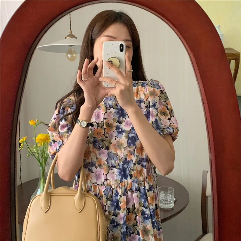 

2021 New Flower Print Summer Dress Evening Long Vintage Dresses Oversize Short Sleeve Beach Women Dress Robe Vestido Prom
