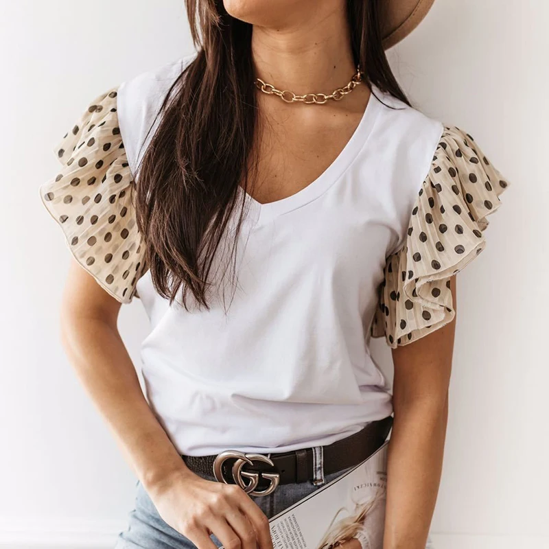 

Summer Women T-Shirt Short Polka Dot Butterfly Sleeve V Neck Patchwork Solid Color Casual Shirt Office Lady Fashion Tops 2021