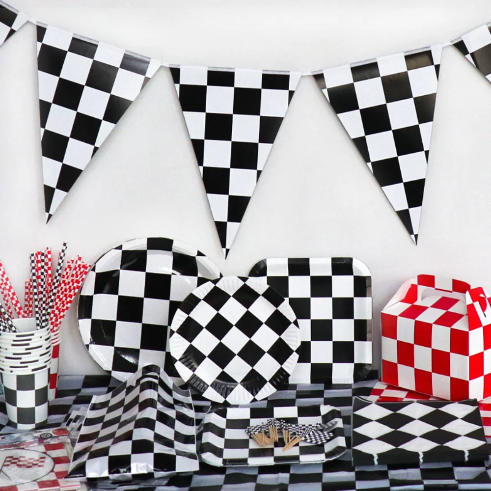

Red Black White Lattice Birthday Party Decorations Baby Shower Disposable Tableware Set Decoration For Birthday Party Wholesale
