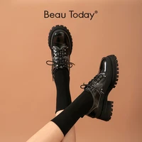 beautoday platform shoes women cow leather lace up round toe rivet spring autumn casual lady derby shoes handmade 21846