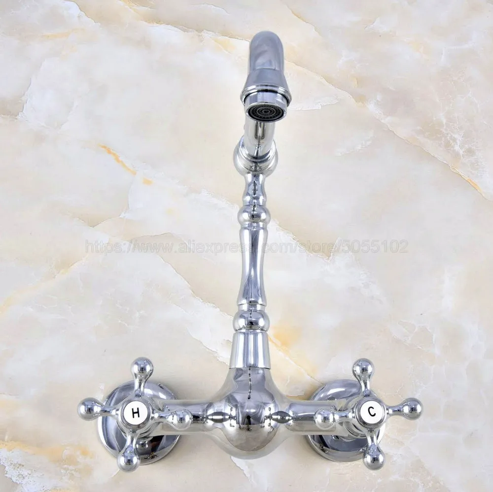 Polished Chrome Wall Mounted Swivel Spout Bathroom Sink Faucet Double Handle Mixer Tap znf578 | Обустройство дома