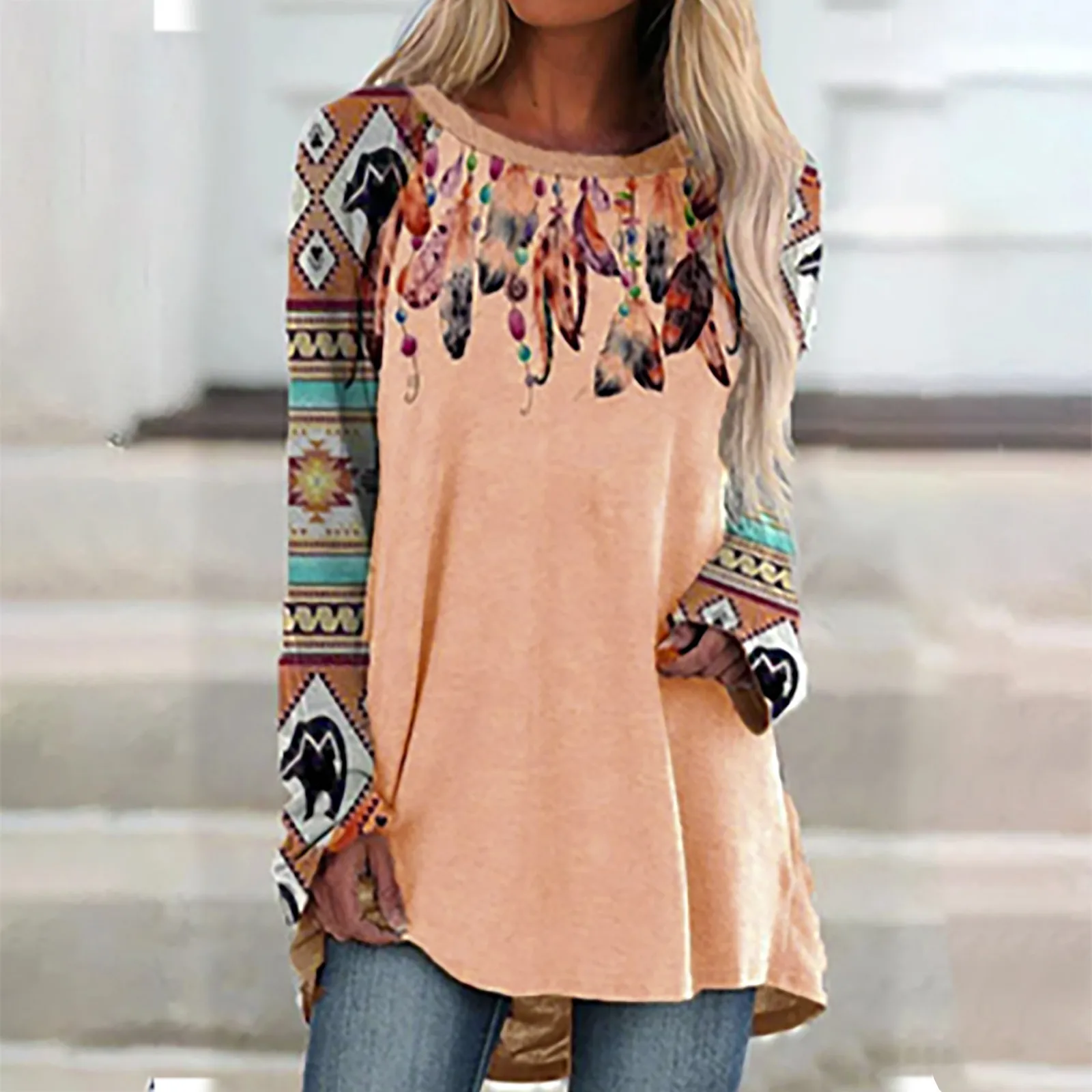 

Women's Ladies O-Neck Loose Tops Casual Print T-Shirts Long Sleeve BlousePrint Fashion Loose Summer Cotton Women T-sh