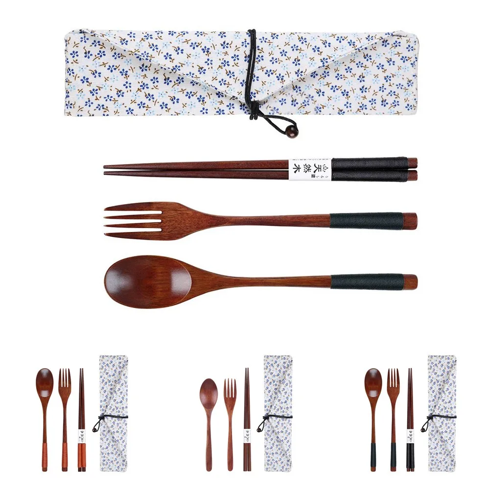 

Japanese Style Dinnerware Sets Wooden Chopsticks Spoons Forks Picnic Tableware With Delicate Bag Three-Piece Cloth Bag Set