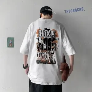 

2021 T-shirt Men's Graffiti Cotton Short Sleeve Trendy Brand Loose Street Hip Hop Summer Suit 5-sleeve Hong Kong Style