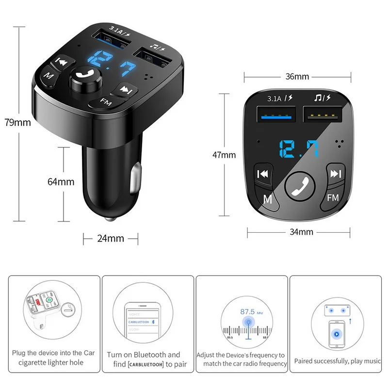 

Car Audio Transmitter Bluetooth 5.0 MP3 Player Modulator Adapter Support TF Card Hands-free Call Dual USB Wireless Music Adapter
