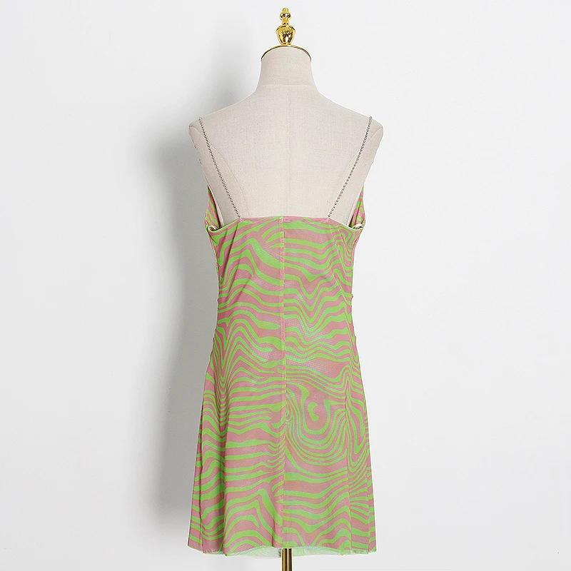 

CHICEVER Striped Print Dress For Women Square Collar Sleeveless Sling Backless Hit Color Mini Dresses Female 2020 New Clothing