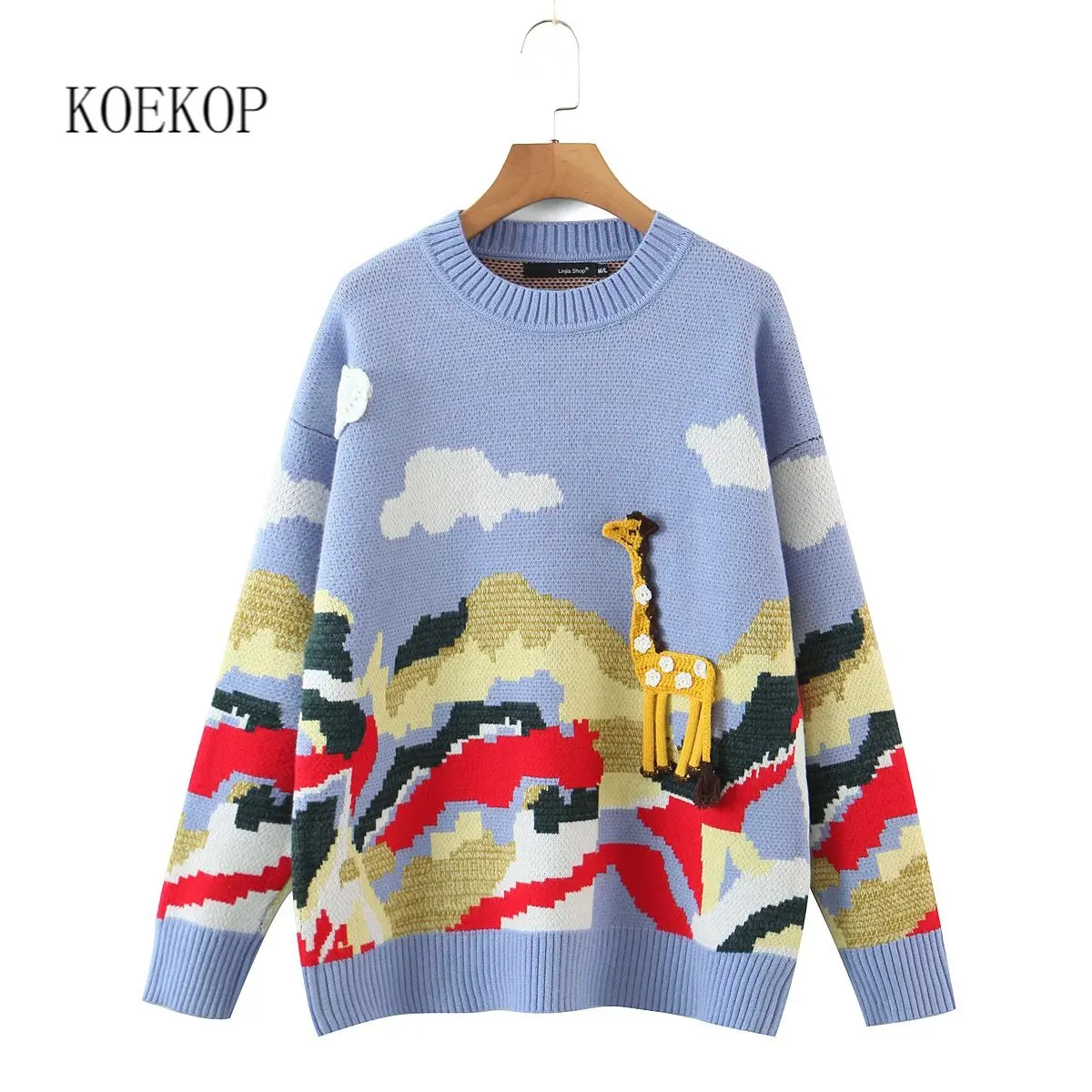 

Koekop Women Fashion Oversized Jacquard Knitted Sweater Casual Long Sleeves O-Neck Female Knit Sweaters Pullover Chic Tops