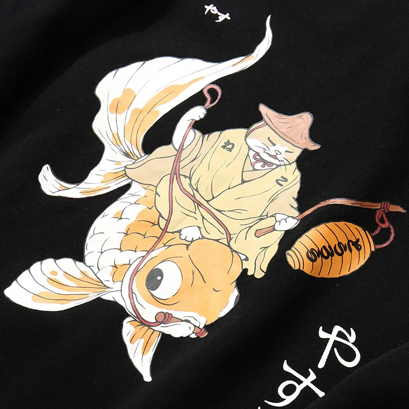 

2021 Men Streetwear Hip Hop Hooded Sweatshirt Funny Fisherman Cat Kanji Japanese Harajuku Pullover Hoodie Cotton Fleece Clothing