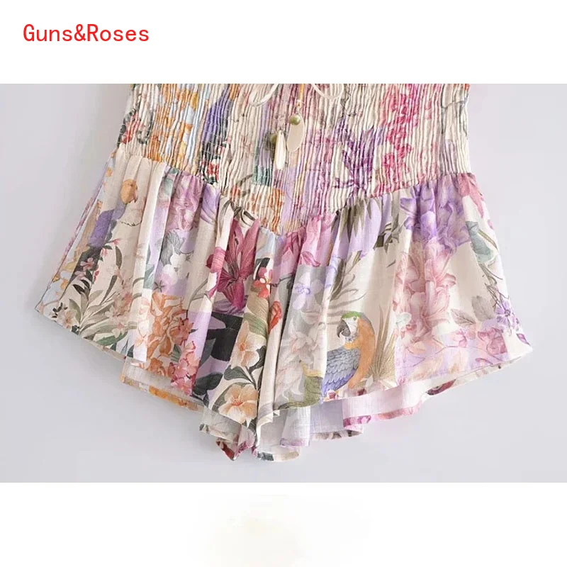 

Women Chic Fashion Floral Print Smocked Shorts Vintage High Elastic Waist With Drawstring Female Short Pants Mujer