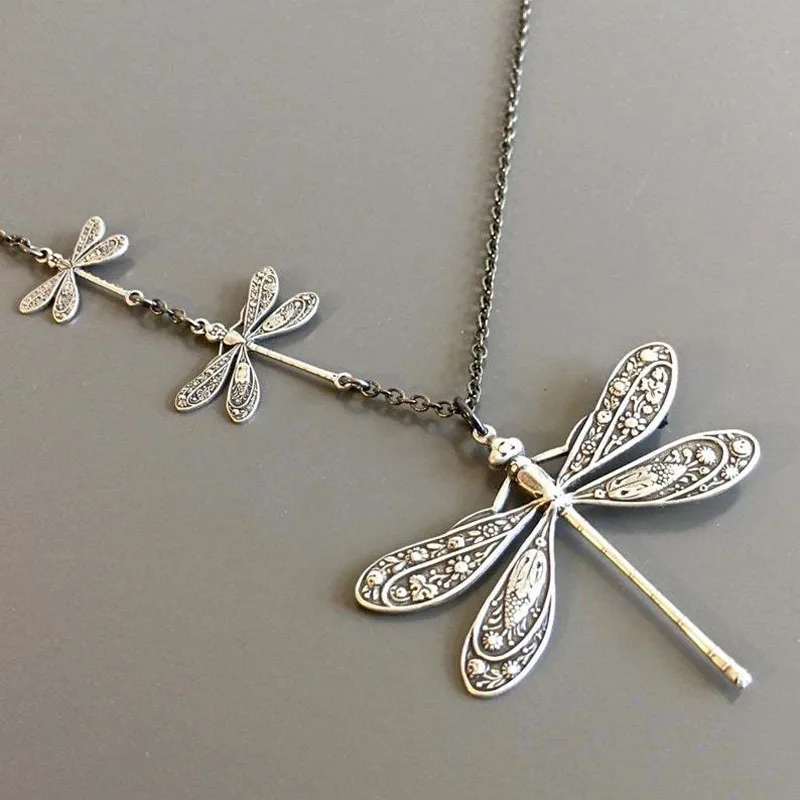 Asymmetric Dragonfly Pendant Necklace Charm Chain Statement Necklace Jewelry Silver Color Female Bijoux Birthday Gifts