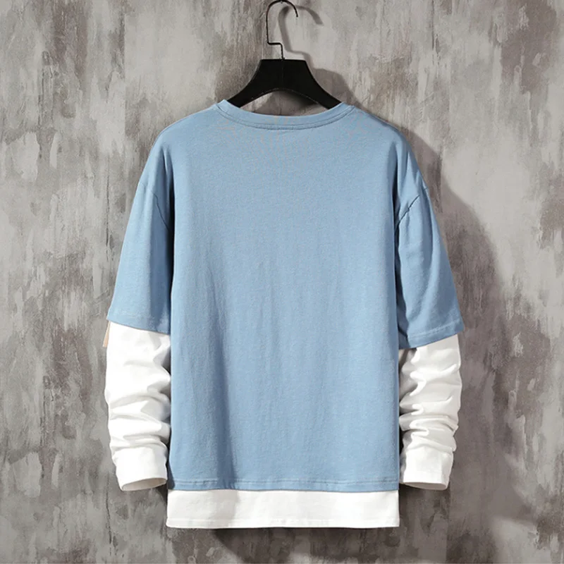 

Long Sleeve Fake Two-piece T Shirt Loose O-neck Men Clothing Men Fashion 2021 New Oversized Tees Clothes Tshirt 5XL