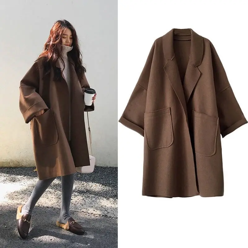 

Long Faux Wool Coat Outerwear 2021 Ladies Korean Cashmere Female Loose Overcoat Clothes Windbreaker Jacket Autumn Winter Full
