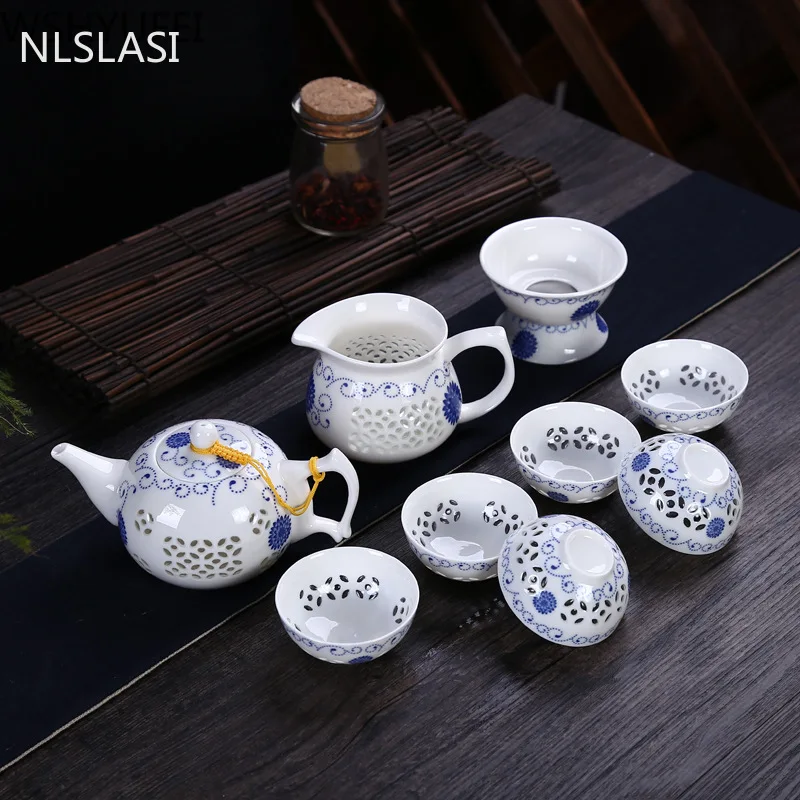Conjunto de Chá Azul e Branco Favo de Mel Peônia Requintado Automático Cerâmica Porcelana Oco Chá Conjunto Bule Gaiwan Conjuntos Terno