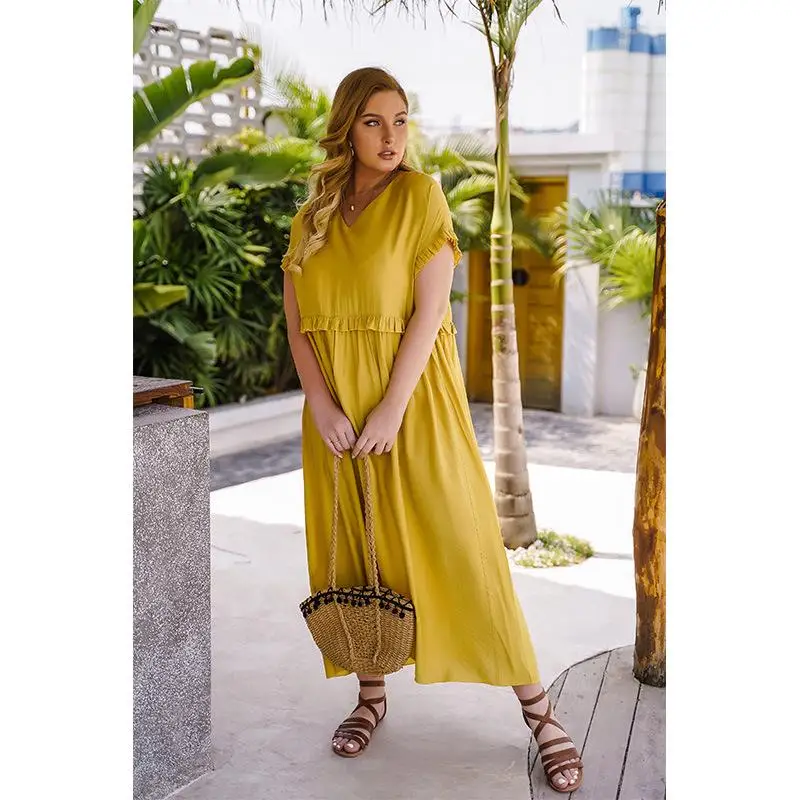 Женское повседневное длинное платье с оборками желтое Элегантное макси-платье