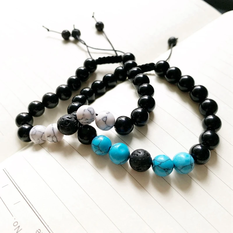 Натуральный черный оникс Кристалл розовый кварц Howlite браслет с бриюзой шнур