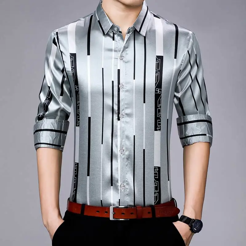 

2021 Brand New Long Sleeve Men Social Shirt Streetwear Casual Striped Shirts Dress Mens Slim Regular Fit Clothes Fashions