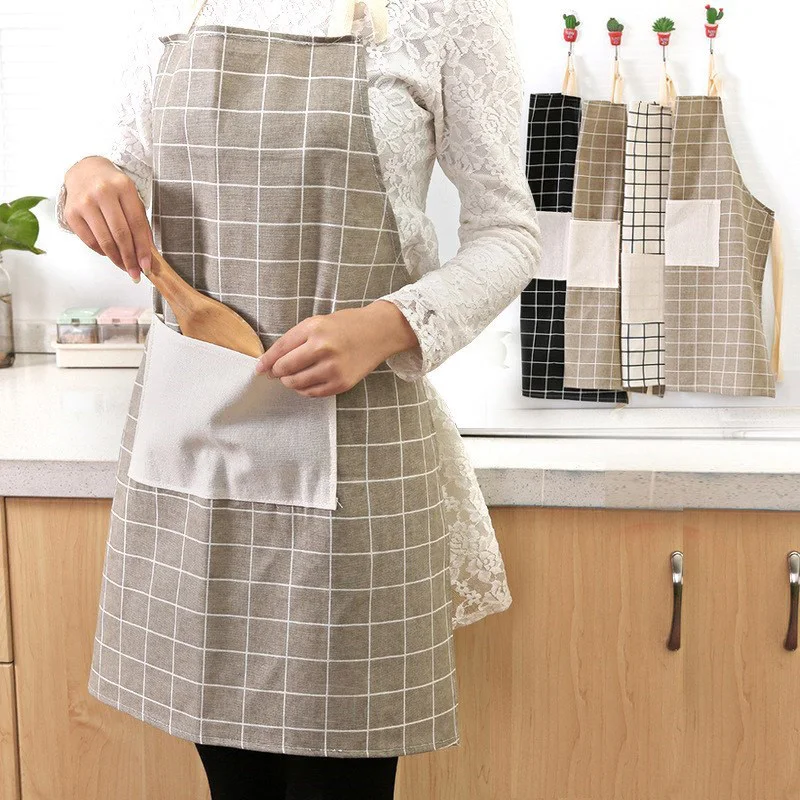 

Adjustable Plaids Striped Cotton Linen Apron Home Cooking Baking Coffee Shop Cleaning Aprons Kitchen Accessory Cotton Linen