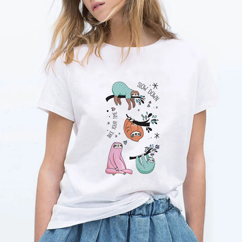 

Summer 2021 Kawaii Sloth Graphic Print Women's T-shirt Harajuku fashion Street cute couple white round neck Short sleeve T-shirt
